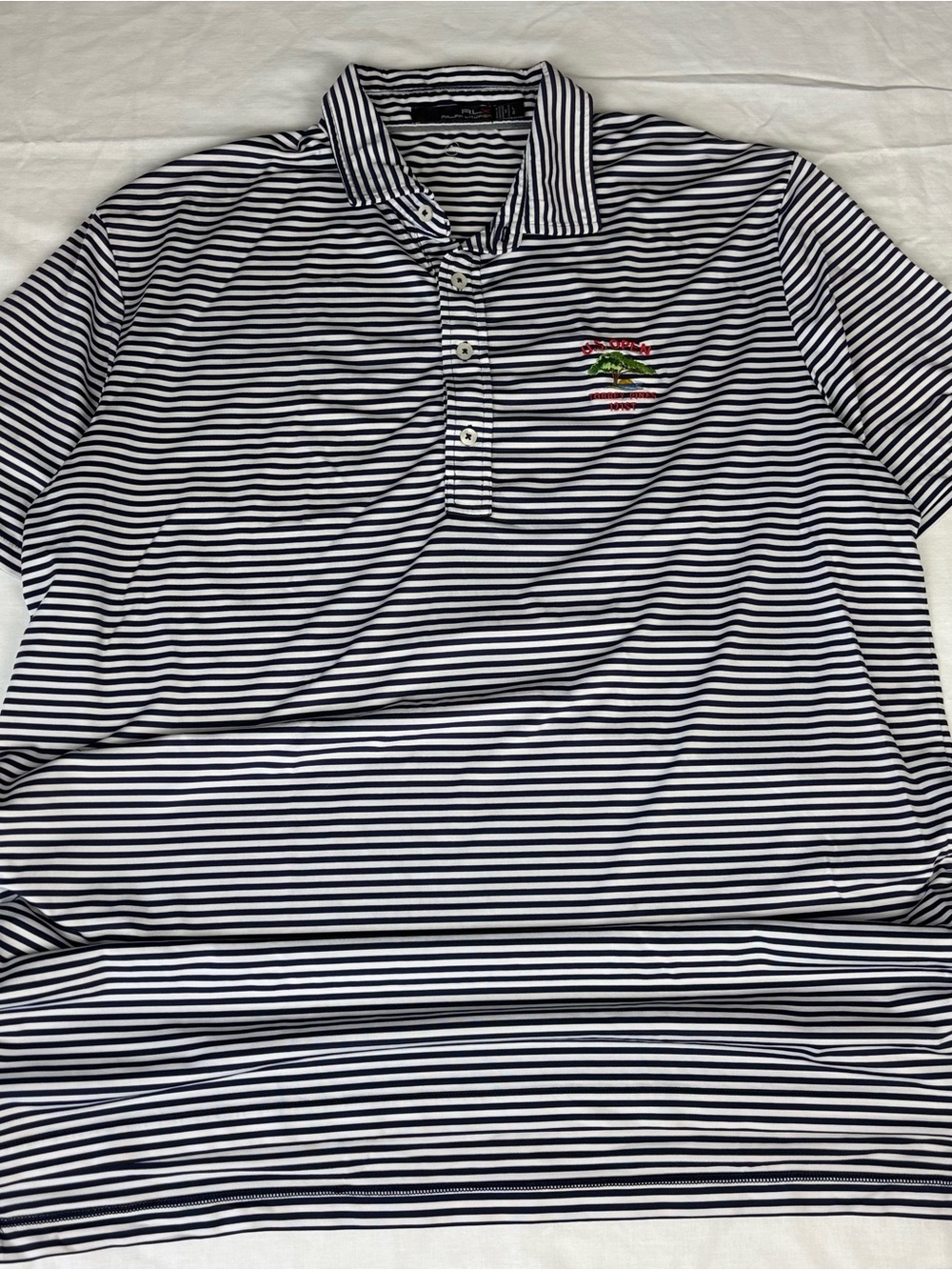 RLX Ralph Lauren Navy and White Striped Polo with Embroidered Crest